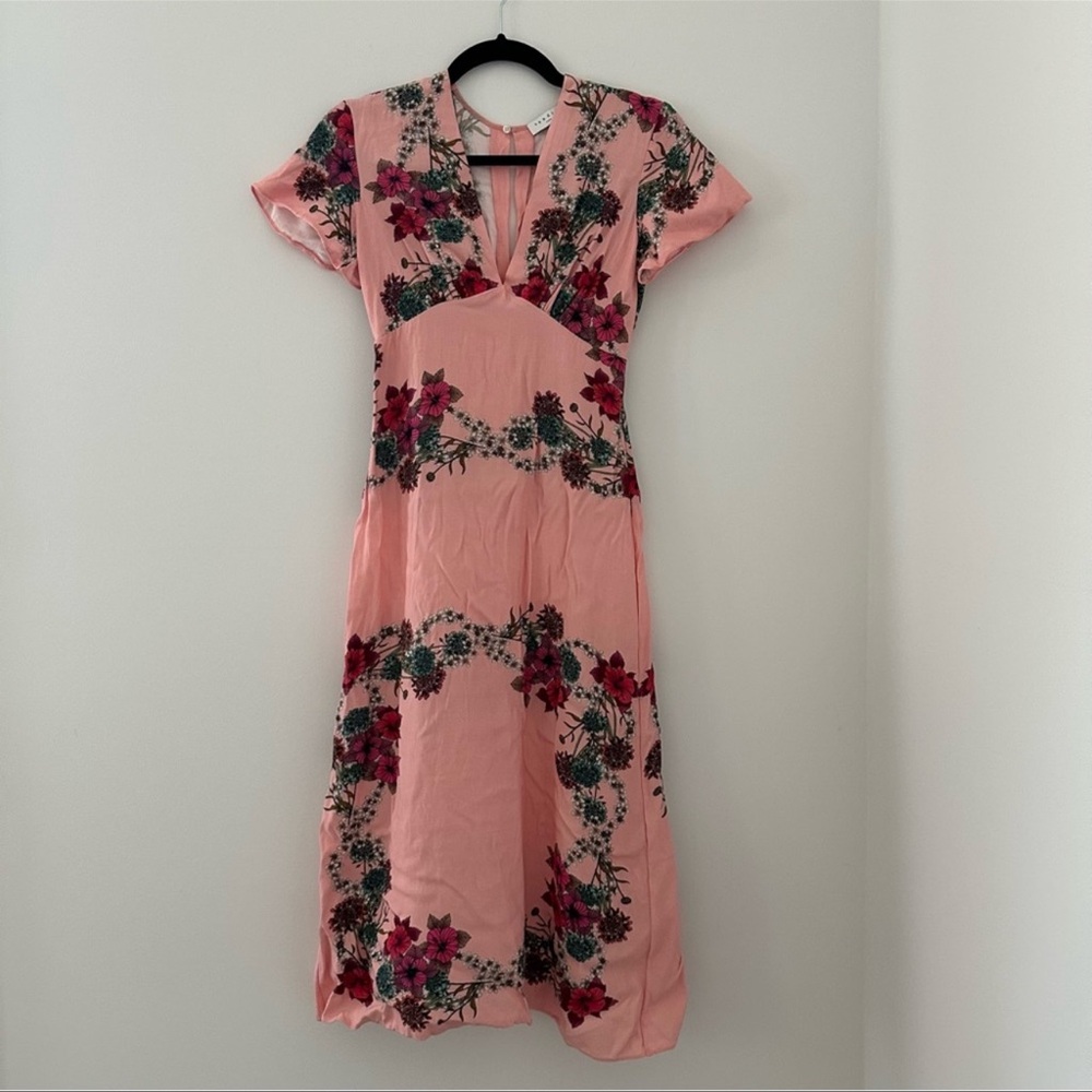 Sandro Pink Floral Midi Dress V Neckline Size EU 36/US S